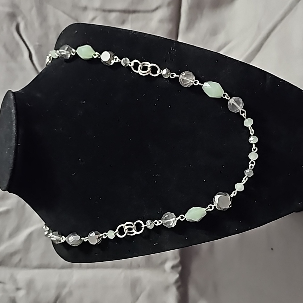 36" Silver tone and bead necklace with seafoam green, gray and clear beads.